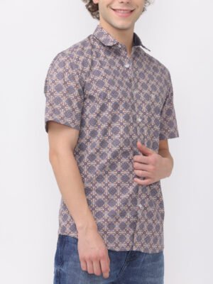 Half sleeve men's Beige dark indigo printed shirt