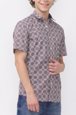 Half sleeve men's Beige dark indigo printed shirt