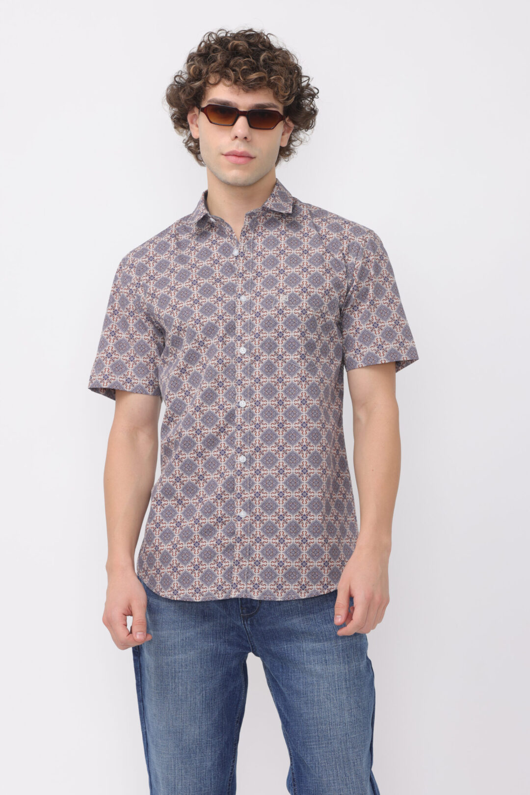 Beige dark indigo printed shirt