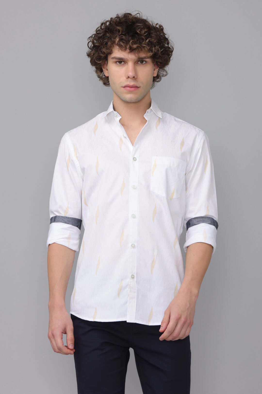 Antique White Frosty Blossom Mustard Print Shirt