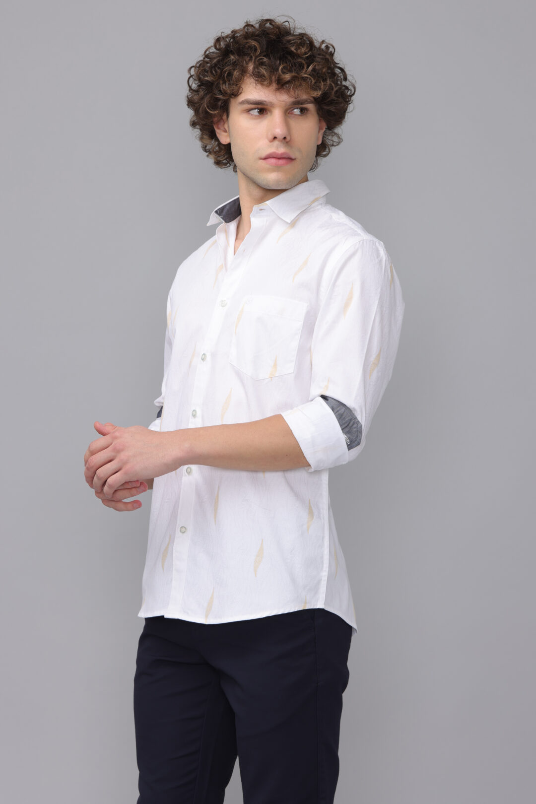 Antique White Frosty Blossom Mustard Print Shirt