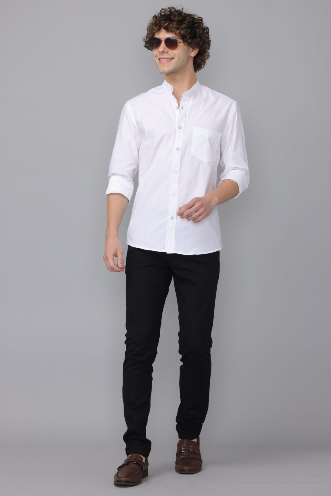 London Castle Antique White mandarin collar shirt