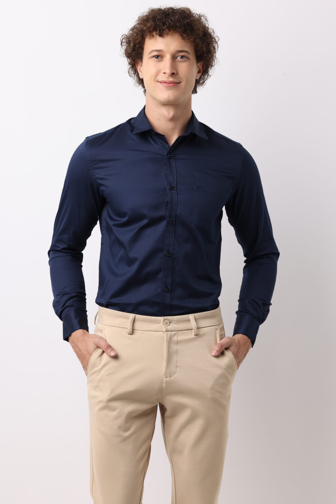 Marine Blue Satin Cotton Shirt