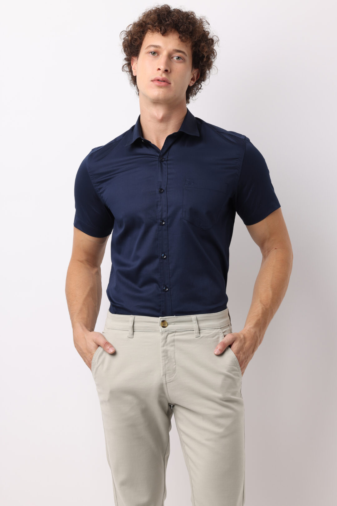 Marine Blue Satin Half Sleeve Cotton Shirt