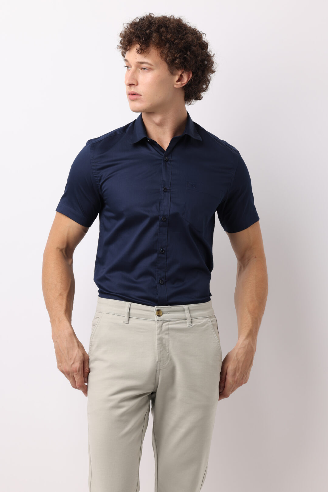 Marine Blue Satin Half Sleeve Cotton Shirt