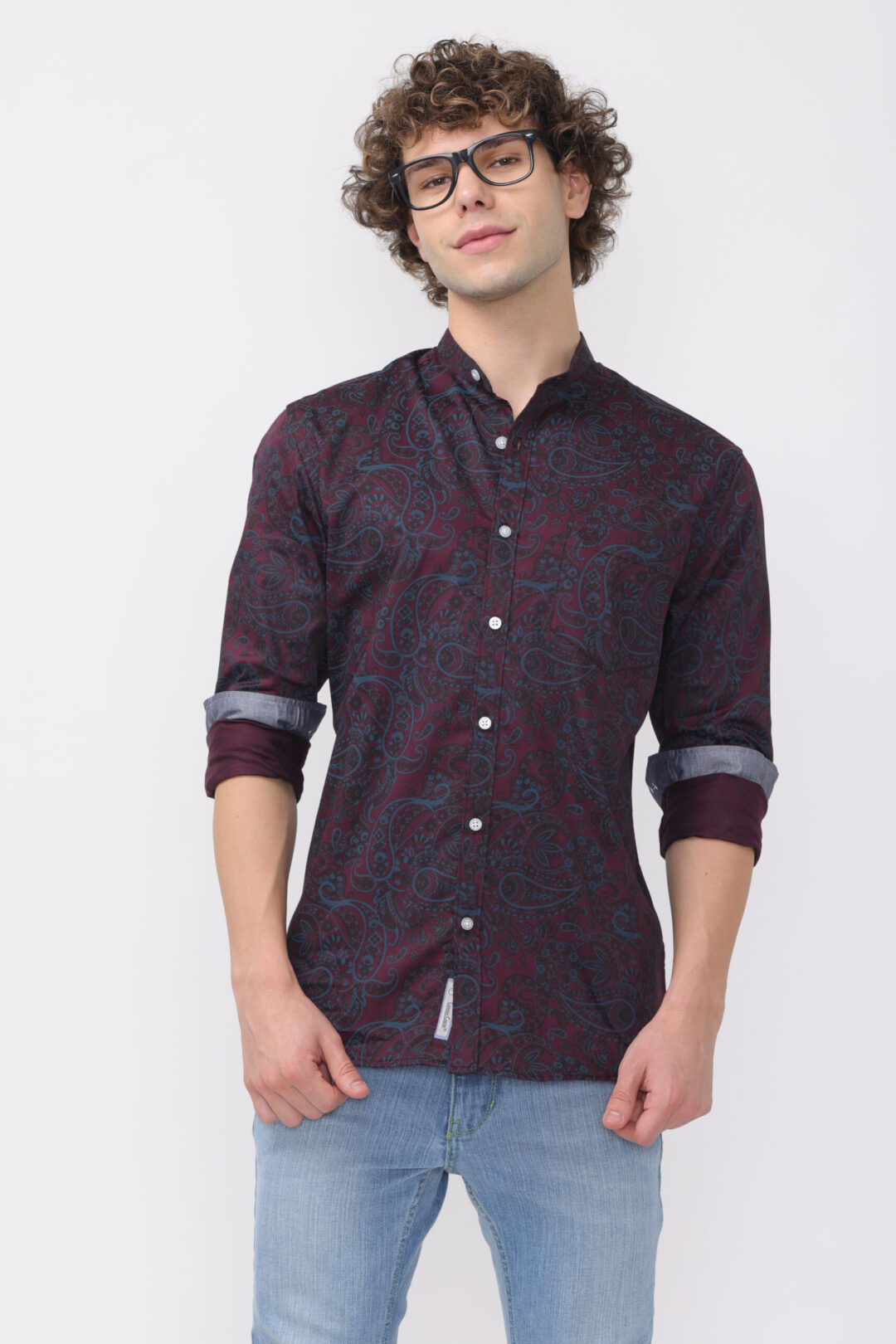 Wine Berry Pale Green Printed Shirt