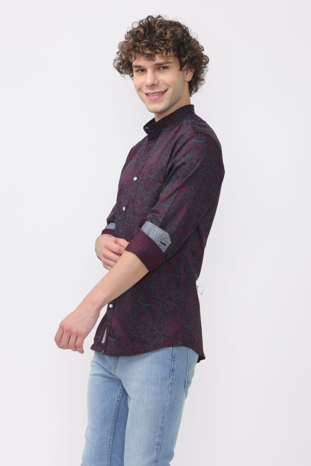 Wine Berry Pale Green Printed Shirt