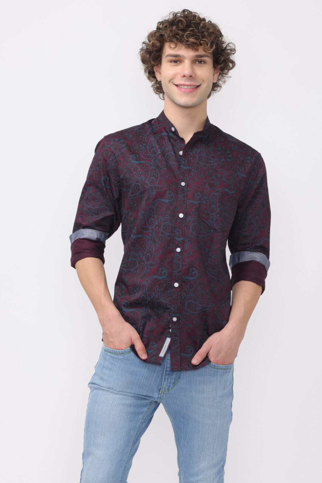 Wine Berry Pale Green Printed Shirt