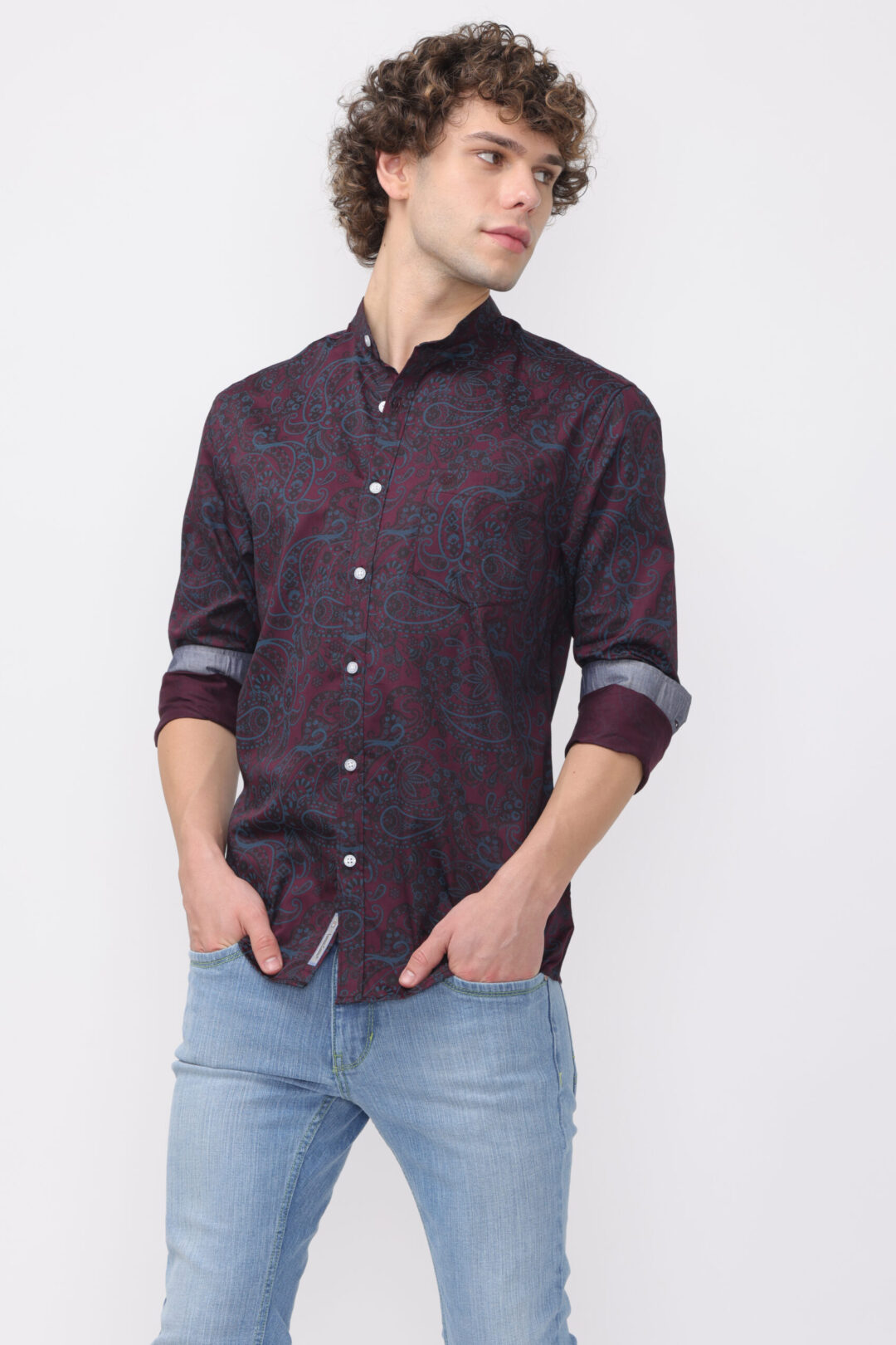 Wine Berry Pale Green Printed Shirt