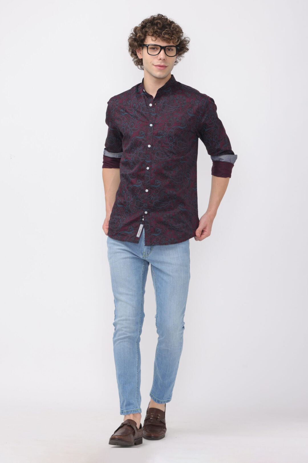 Wine Berry Pale Green Printed Shirt